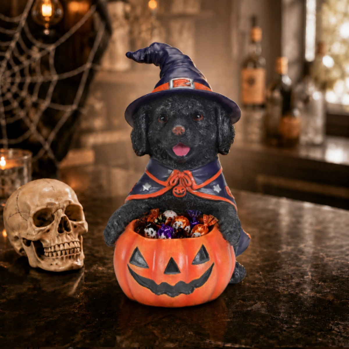 SpookHaven Halloween Jack‑O‑Lantern Pumpkin Mist Sprayer Figurine, LED Light‑Up Fogger with Witch Hat & Skull Decoration, Spooky Ornament for Tabletop Entryway Halloween Party Home Decor