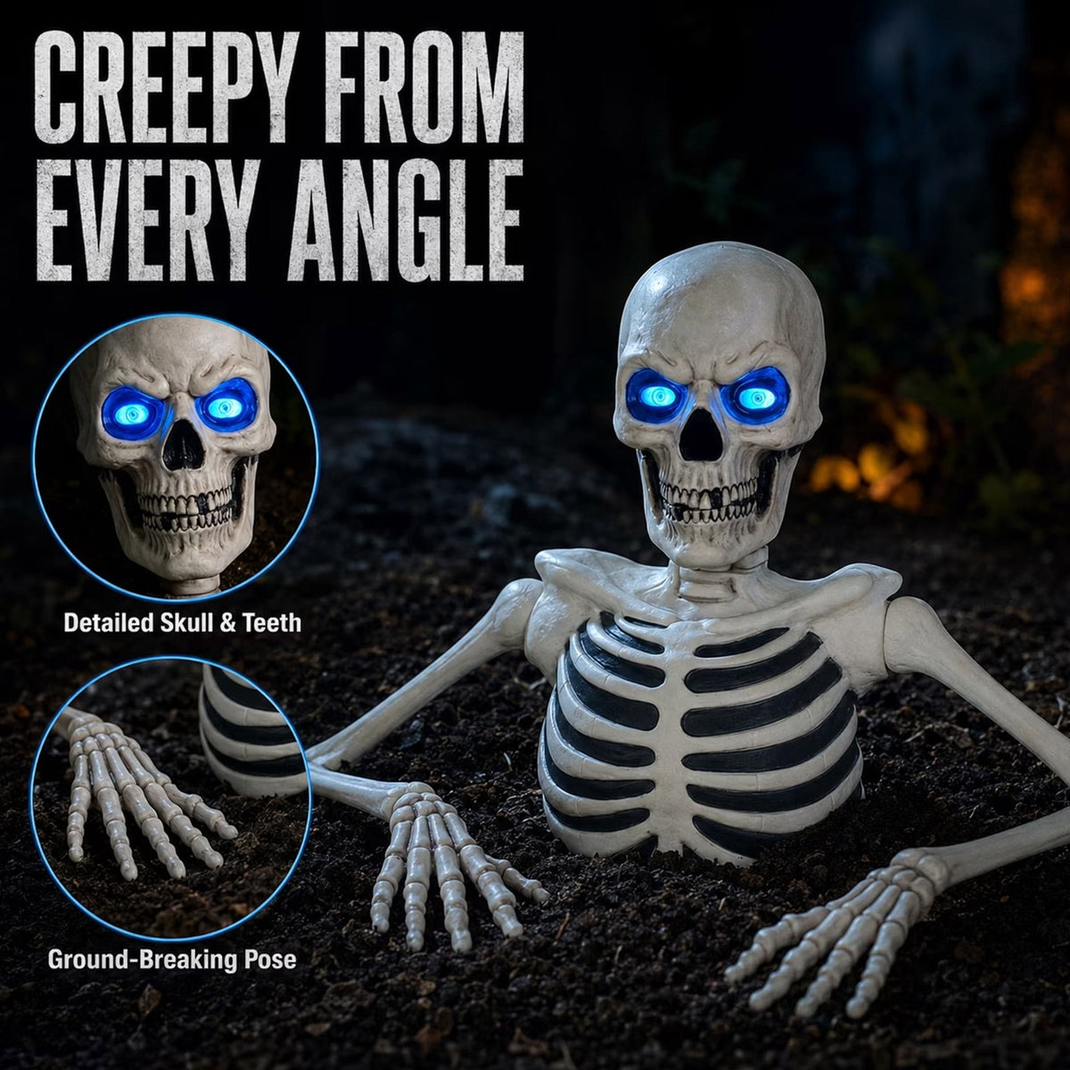 Ground Breaking Skeleton with LCD Eyes, Halloween Ground Breaking Dynamic Skeleton, Adjustable Joint Resin Halloween Decoration, Outdoor Static Cemetery Scene Layout Ornament