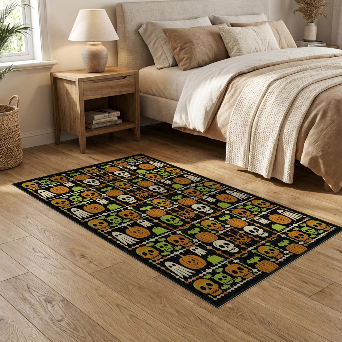 ODIKA 8'x10' Washable Area Rug Halloween Harvest Spirits Grinning Lantern Entrance Doormat Door for Living Room, Under Sectional, Family , Durable, Non-Slip
