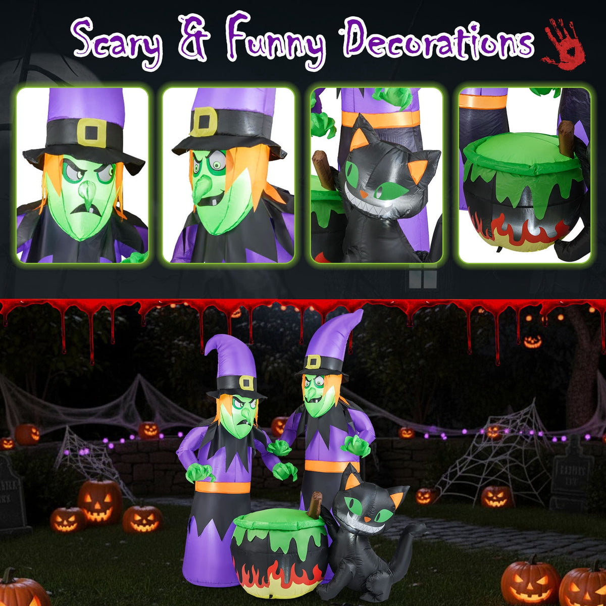 Gymax 6 Ft Inflatable Halloween Witches Blow up 2 Scary Witch w/Black Cat & Cauldron