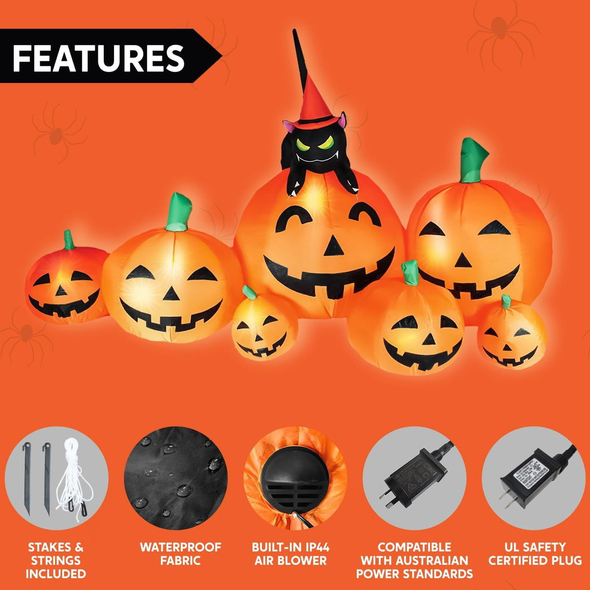 Inflatable Pumpkin with Witch's Cat and LED Lights for Outdoor Halloween Yard Decor