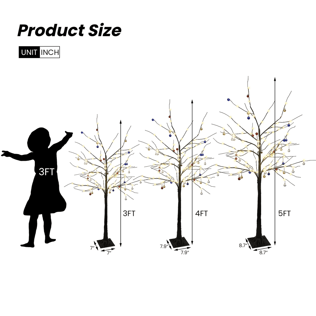 LinkRomat 3-Piece 4ft–6ft Pre-Lit Birch Christmas Tree Set with 200 LED Lights and 24 Ornaments, Christmas Decorations for Indoor Outdoor Home, Black