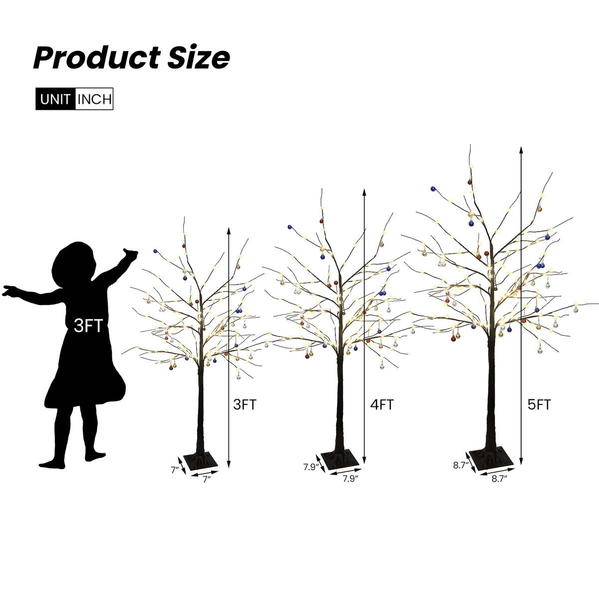 LinkRomat 3-Piece 4ft–6ft Pre-Lit Birch Christmas Tree Set with 200 LED Lights and 24 Ornaments, Christmas Decorations for Indoor Outdoor Home, Black