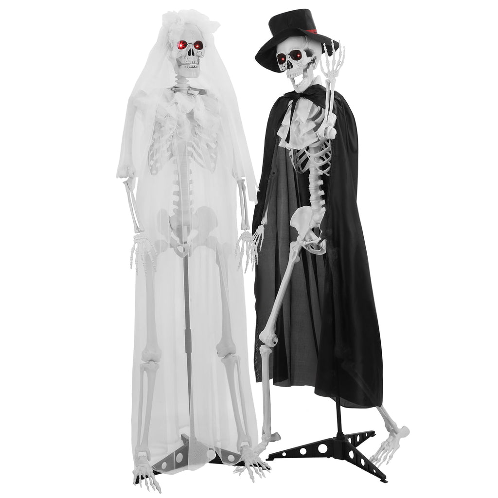 SUSUchens Life-Size 65" Halloween Skeleton Couple Full Body Bones Posable Skeleton with Movable Joints, Bride,Groom Skeleton Decor with Sound,Glowing Eyes,Haunted House Party Props