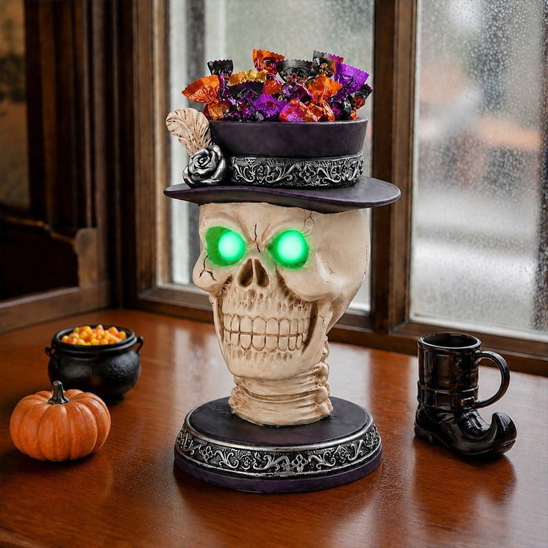 Halloween Resin Skull Candle Holder Figurine with LED Glowing Green Eyes, Skeleton Head Statue with Feather Top Hat, Spooky Tabletop Halloween Party Decor