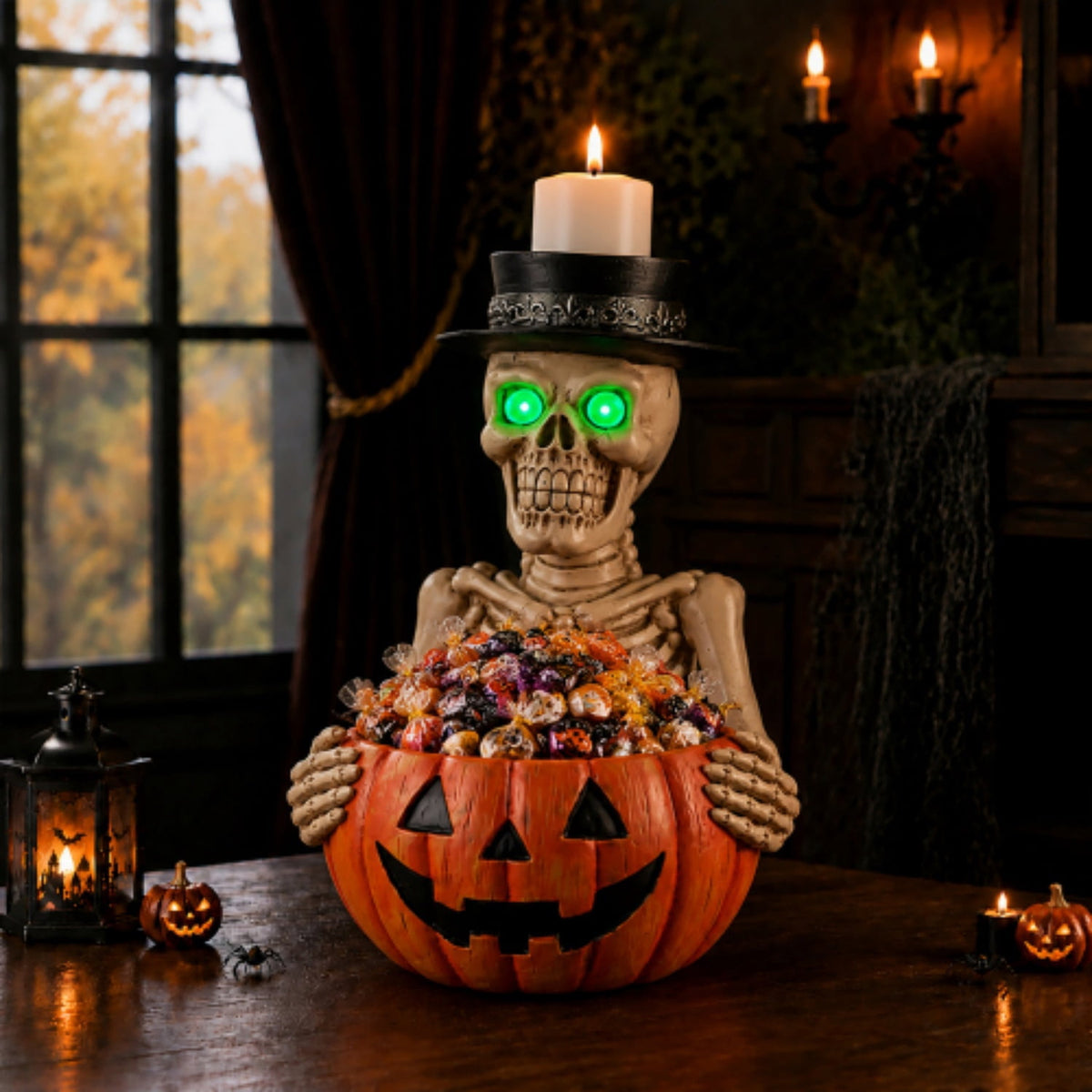 SpookHaven Halloween Jack‑O‑Lantern Pumpkin Mist Sprayer Figurine, LED Light‑Up Fogger with Witch Hat & Skull Decoration, Spooky Ornament for Tabletop Entryway Halloween Party Home Decor