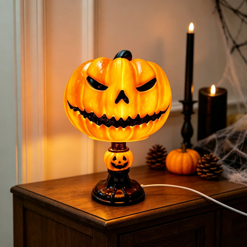 AZXY Halloween Stacked Lighted Pumpkin Figurine, Skeleton Cut‑Out Pumpkin Lamp, Spooky Holiday Floor Ornament, Halloween Yard Party Decoration for Porch Yard Living Room Use