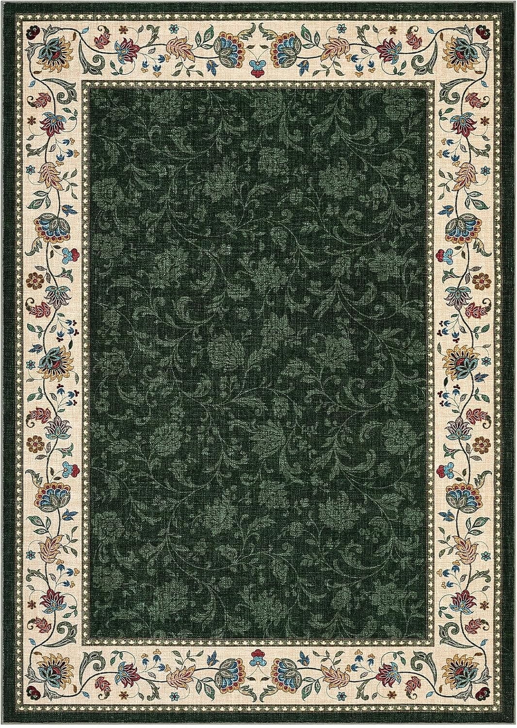 Large Living Room Rug 10x13 Non-Slip Floral Indoor Carpet Washable Floral Bordered Floor Mat Low Pile Non-Shedding Foldable Neutral Bedroom Rugs for Dining Room Nursery Home Office Red