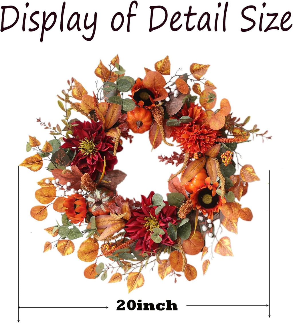 24 Inch Fall Wreaths for Front Door Outside, Fall Door Wreath with Pumpkins,Dahlia,Sunflowers, Maple Leaves,Autumn Wreaths Decorations for Harvest Thanksgiving Halloween Indoor Outdoor Home Decor