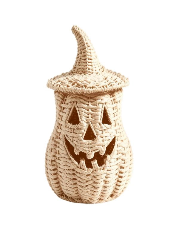 Lighted Halloween Table Centerpiece, Witch Hat Pumpkin Lamp, Black Woven Rattan Halloween Decor Indoor, Glowing Tabletop Decoration for Party Home