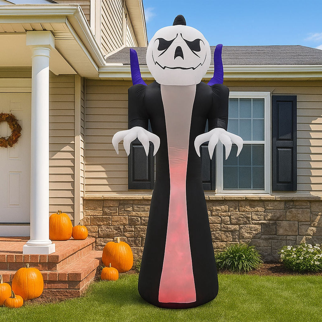 12FT Inflatable Grim Reaper with Jack-O-Lantern Pumpkin Head 3-Color Flame LED Halloween Yard Decor