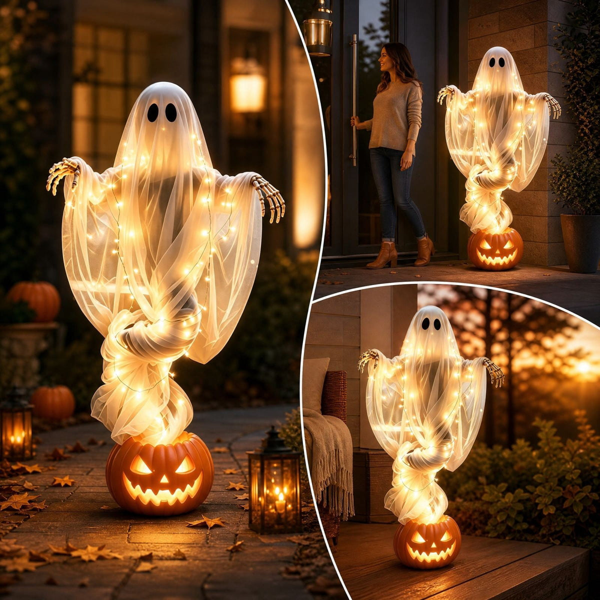 51 Inch Halloween Floating Ghost Pumpkin Light, Light-Up Gauzy Ghost with Skeleton Hands for Outdoor Yard, Porch, Patio, Spooky Party Displays, Events, and Gifts