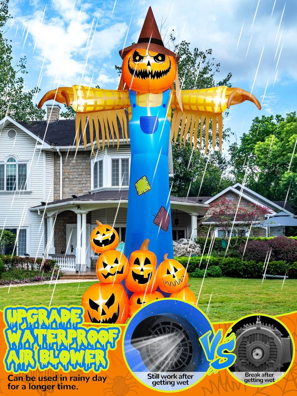 12.5 FT Halloween Inflatables with Music, Kalolary Giant Pumpkin Scarecrow Inflatable with LED Light Blow Up Yard Decor with Scary Sound for Outdoor Garden Lawn Holiday Party Supplies