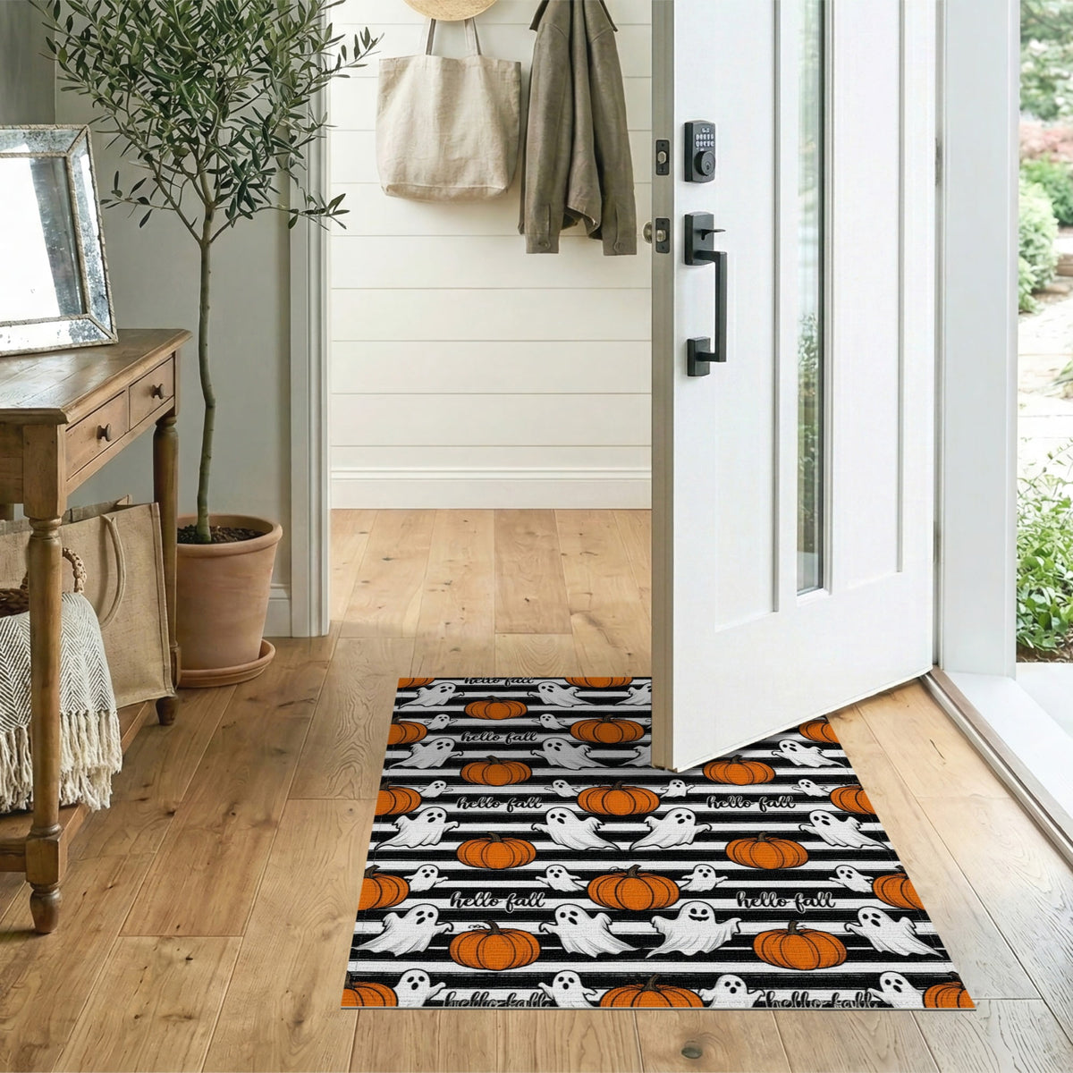 ODIKA Halloween Spooky Pumpkin Phantom Striped Entrance Door Doormat for Playroom, Bedroom, Reading Nook, Pet Friendly & Kids Safe Play