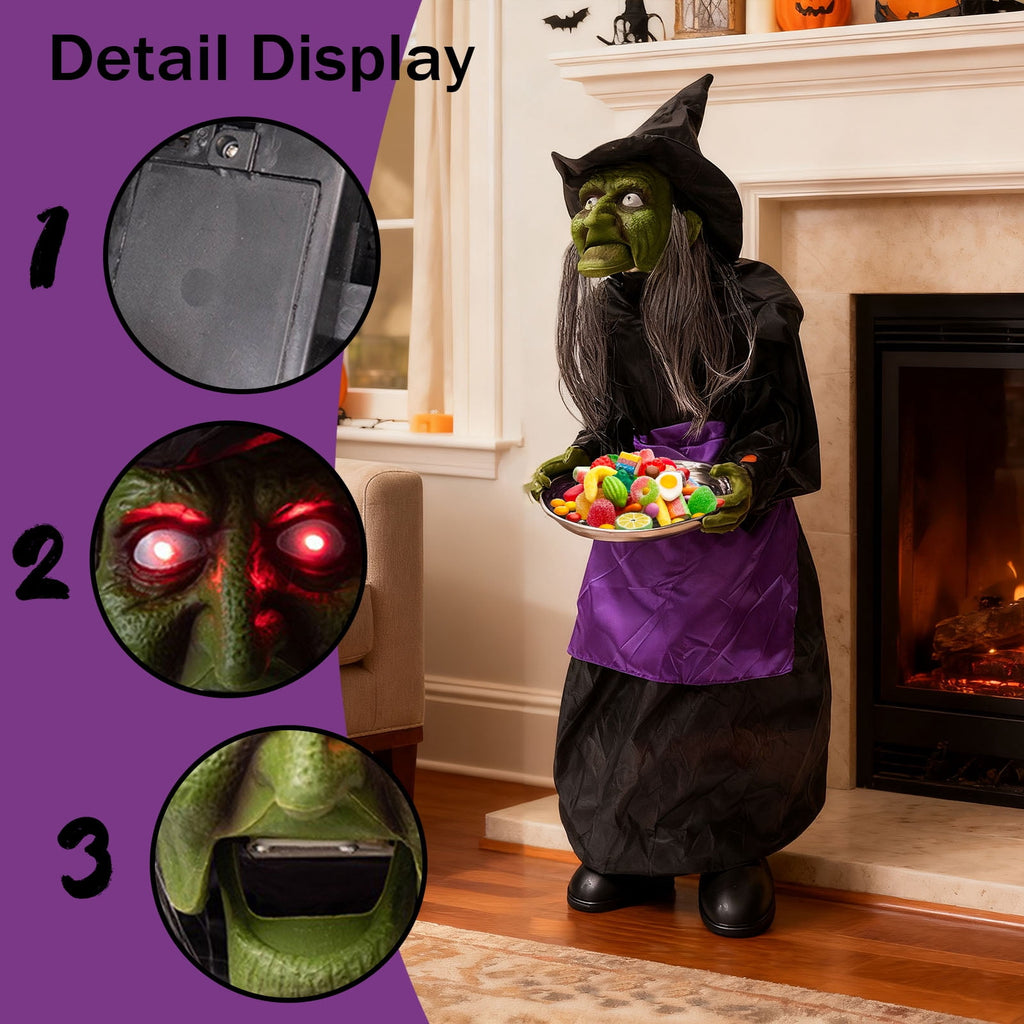 39.37" Animated Halloween Witch Candy Holder, Halloween Decorations, Life-Size Witch with Light-Up Eyes, Moving Jaw & Sound for Yard & Porch Decor