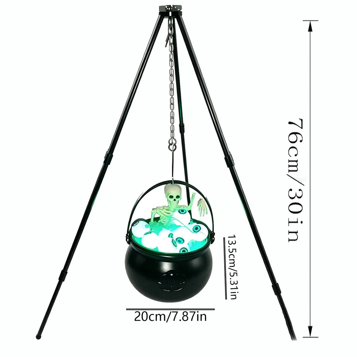 Spooky Halloween Cauldron Decoration 12 Inch with Tripod Stand, Skeleton Glowing Eyeballs, Green Led Light, Witch Pot Prop for Outdoor Yard, Porch, Party, Garden, Patio, Front Door, Indoor Home Decor