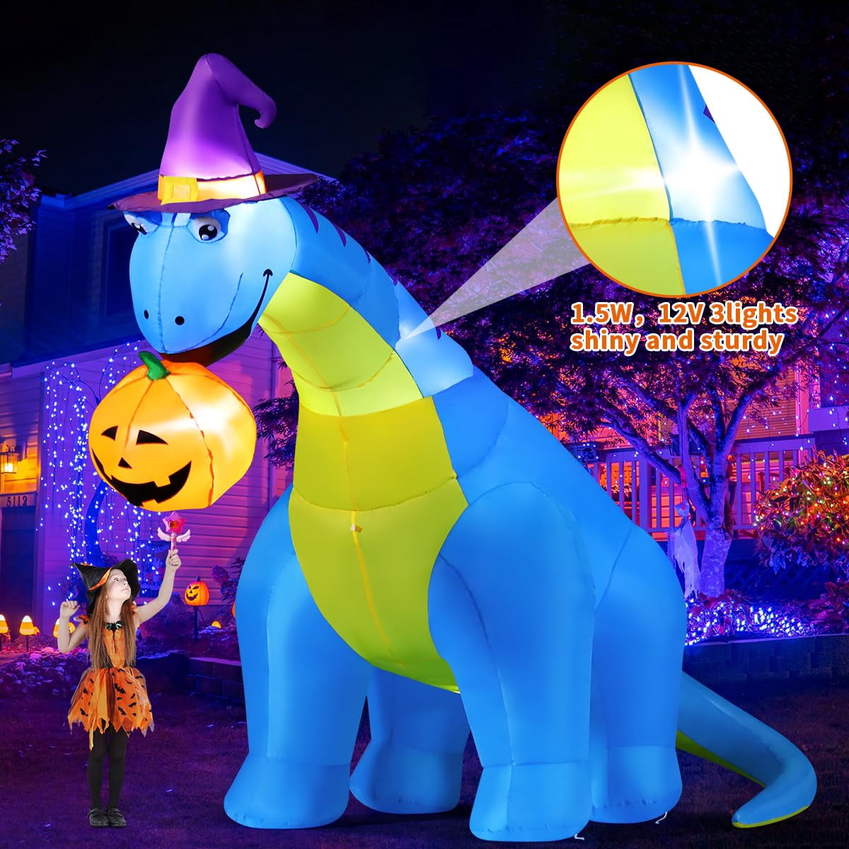COMIN Halloween Inflatables 10 FT Tall Dinosaurs Eating Pumpkin with Shake Head Blow Up Yard Decoration with Built-in LED for Yard Garden Party Lawn
