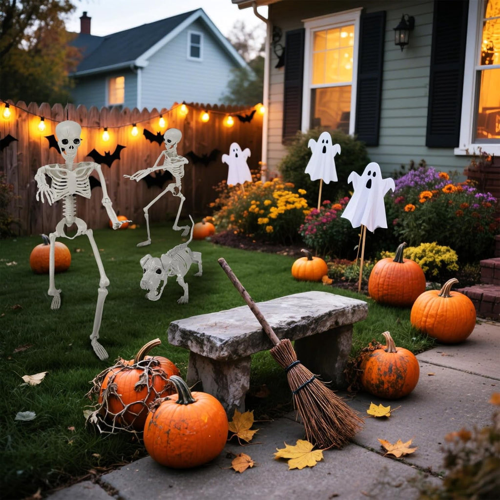 Lighted Human & Dog Skeleton Halloween Decorations Outdoor/Indoor - 36 Inch Realistic Full Body Movable Posable Skeleton Spooky Halloween Decor for Garden Yard Porch Party Haunted Graveyard