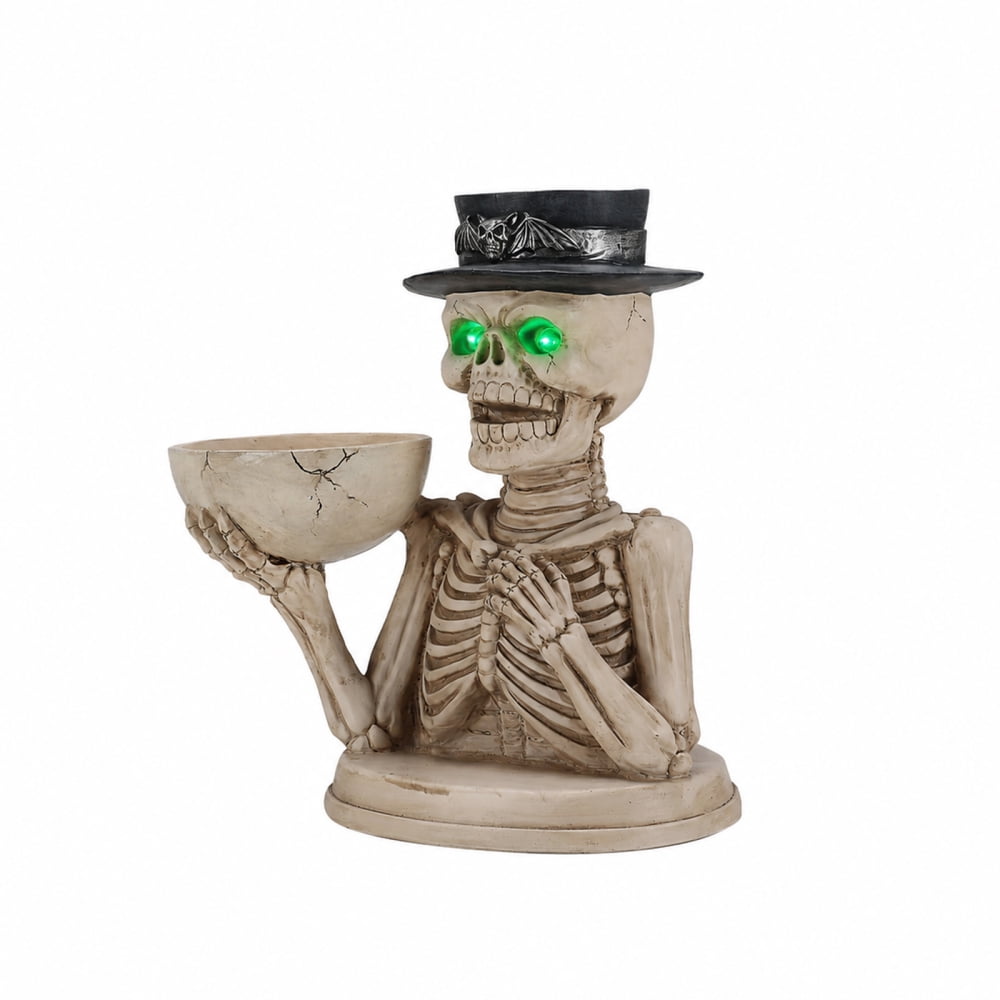 Halloween Skeleton Butler Floor Statue with Serving Tray & Black Cat, Resin Gothic Home Decor for Entryway Porch Living Room