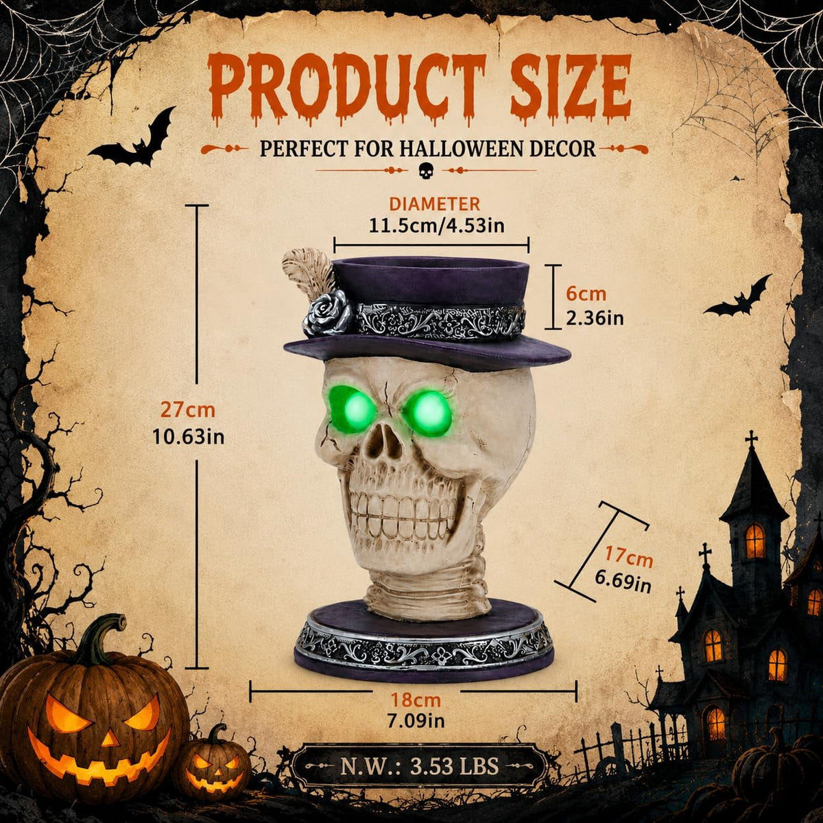 Halloween Ghost Statue with LED Glowing Eyes, Resin Ghost Figurine Tabletop Decor for Indoor Home, Mantel, Shelf, Entryway and Halloween Party Display