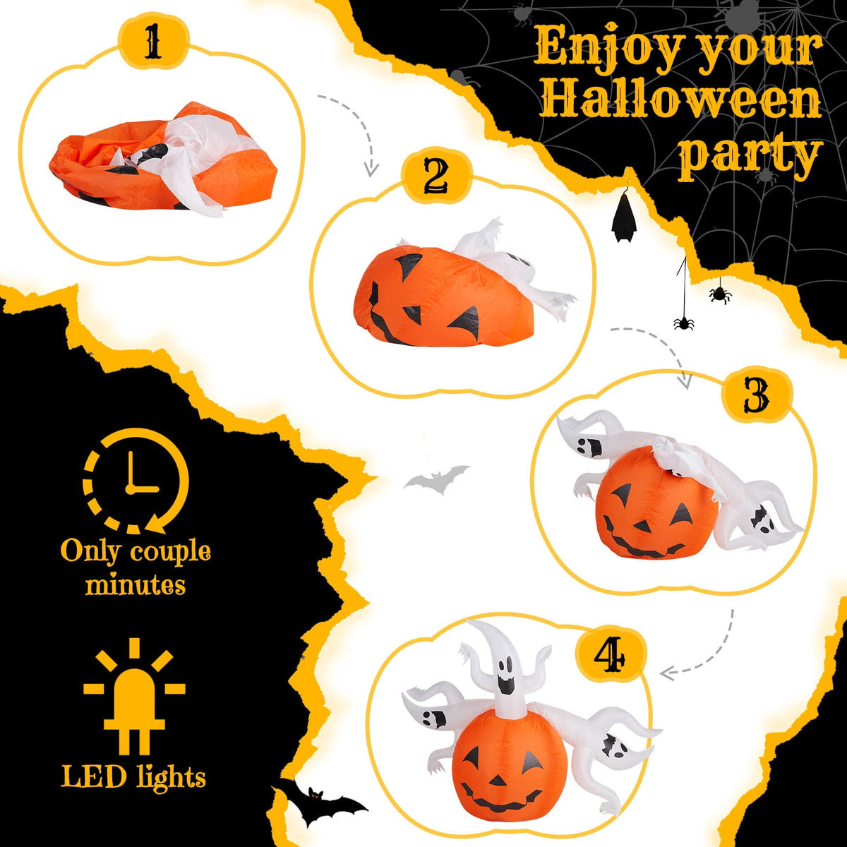 5.9ft Halloween Inflatable Pumpkin Ghost with LED Lights Scary Blow Up Yard Decor 1 Pack Set