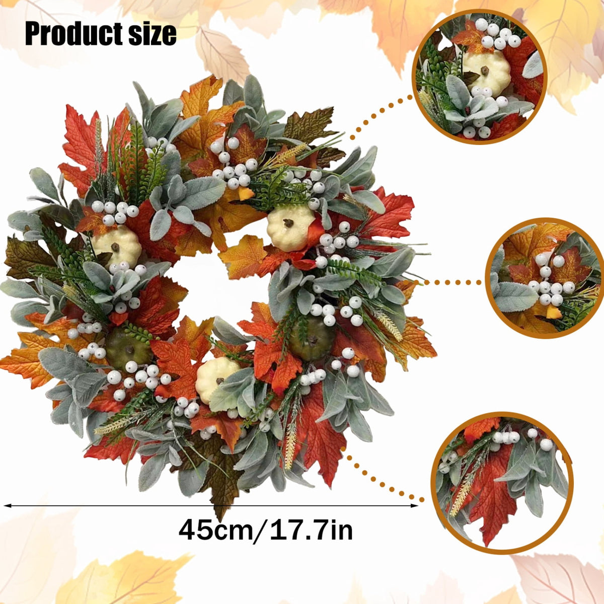 Fall Wreath - Halloween Decorative Autumn Garland with Pumpkin Accents, Handmade Style Seasonal Wall Decor, Vibrant Harvest Door Circle Ornament