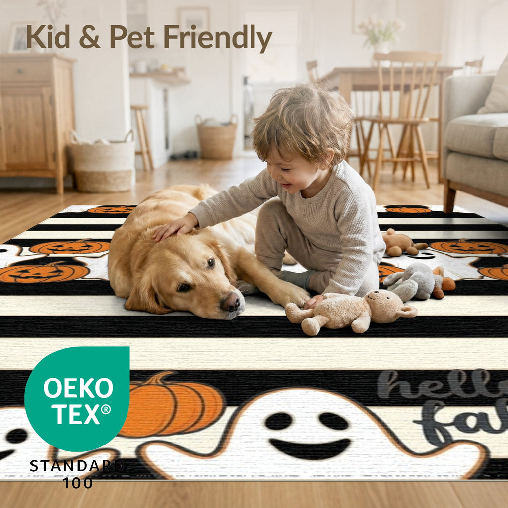 ODIKA Halloween Spooky Pumpkin Phantom Striped Entrance Door Doormat for Playroom, Bedroom, Reading Nook, Pet Friendly & Kids Safe Play
