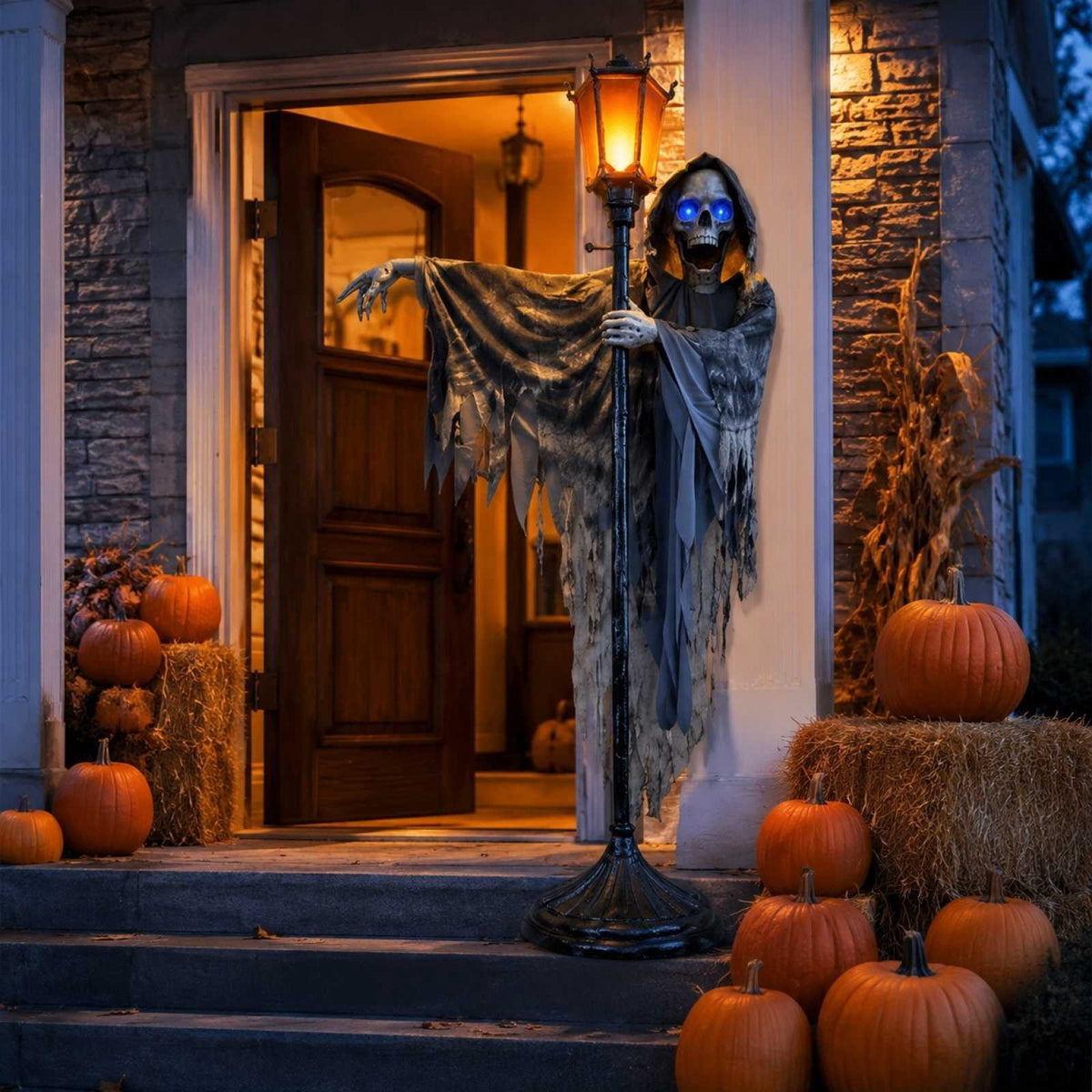 Halloween Light Up Grim Reaper Street Lamp, Extreme Large Standing Skeleton With Glowing Blue Eyes & Rob For Halloween Party Outdoor Front Porch Yard Entryway Decoration