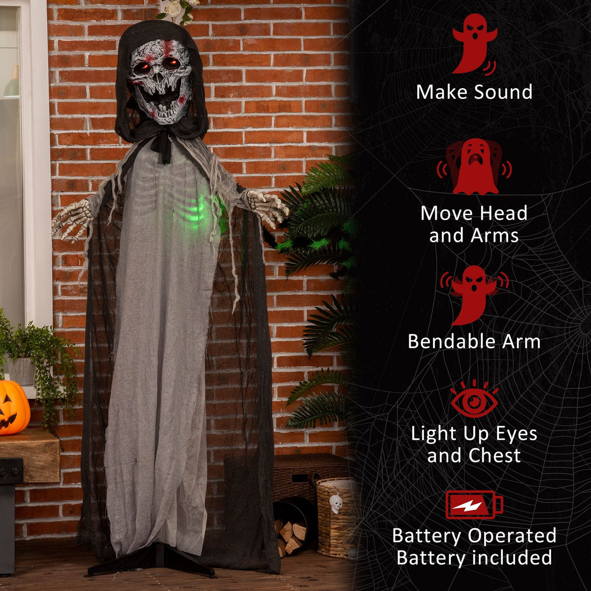 Halloween Decoration Animatronic Skeleton Witch, 74-Inch Motion Activated Outdoor Prop with Sound and Light, Grey Polyester