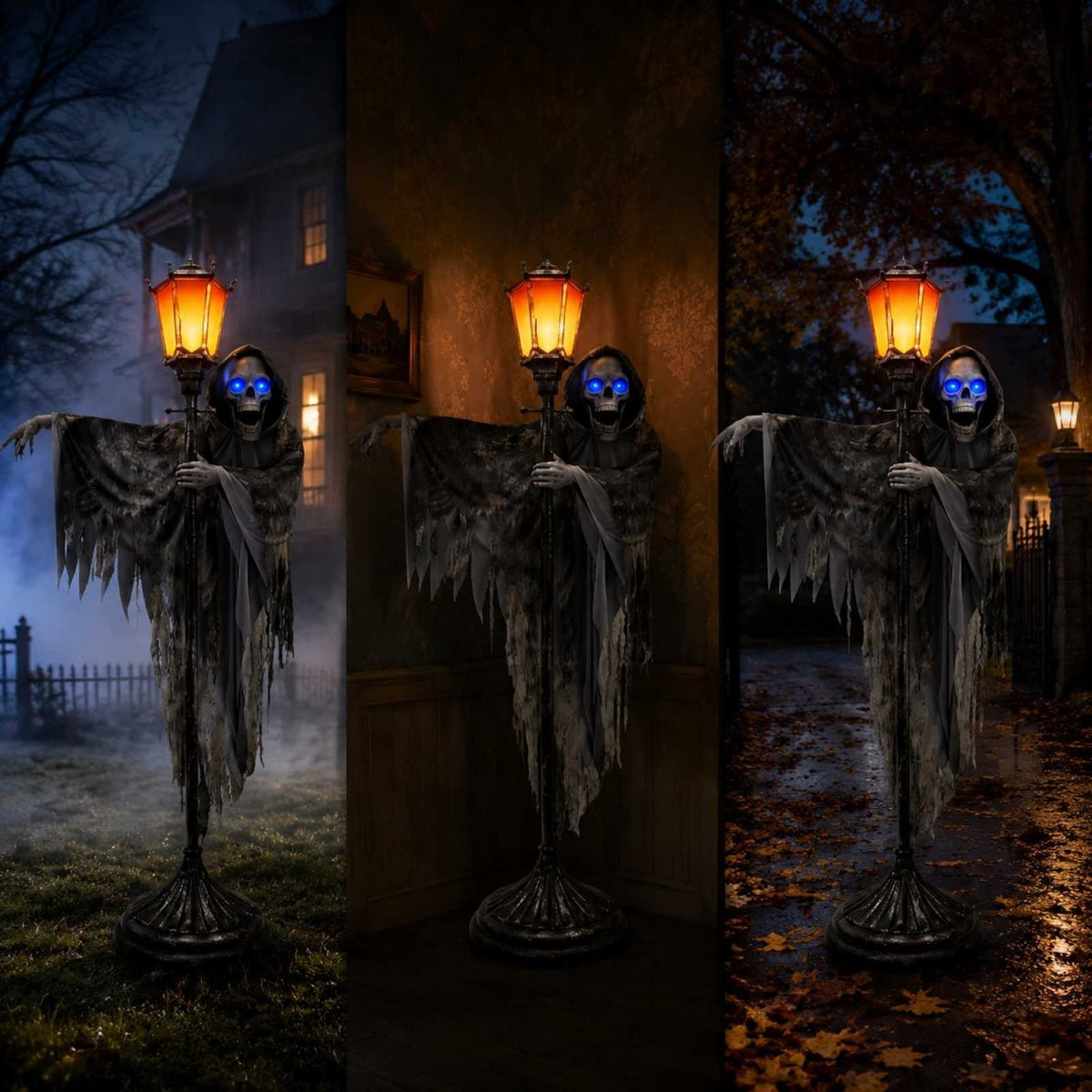 Halloween Animatronics Outdoor 72", Light Up Grim Reaper Street Lamp Post with Glowing Eyes, Life Size Standing Skeleton Decor for Lawn Porch, 1 Pack