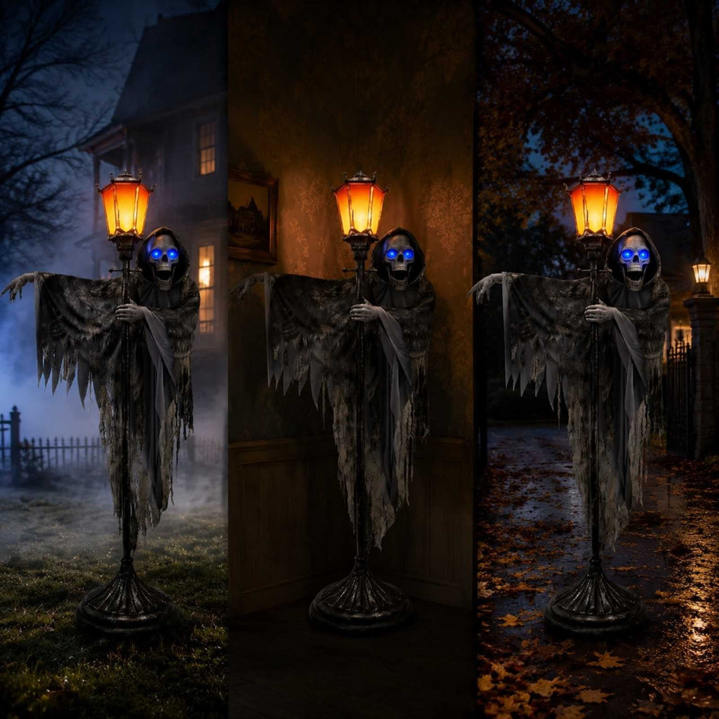 Light Up Blue LED Eyes Skeleton Ghost Freestanding Street Lamp Prop Tattered Robe Grim Reaper Figure Outdoor Yard Porch Halloween Ghost House Decor.78.74*39.37*1.96In