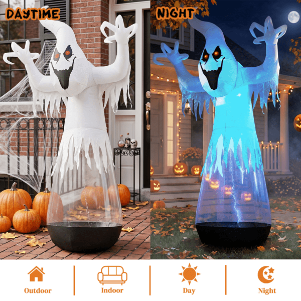 COTINSE 12 FT Halloween Inflatable Ghost with 2 LED Lights & Stage Light, Giant Clear PVC Blow Up Yard Decoration, Black & White