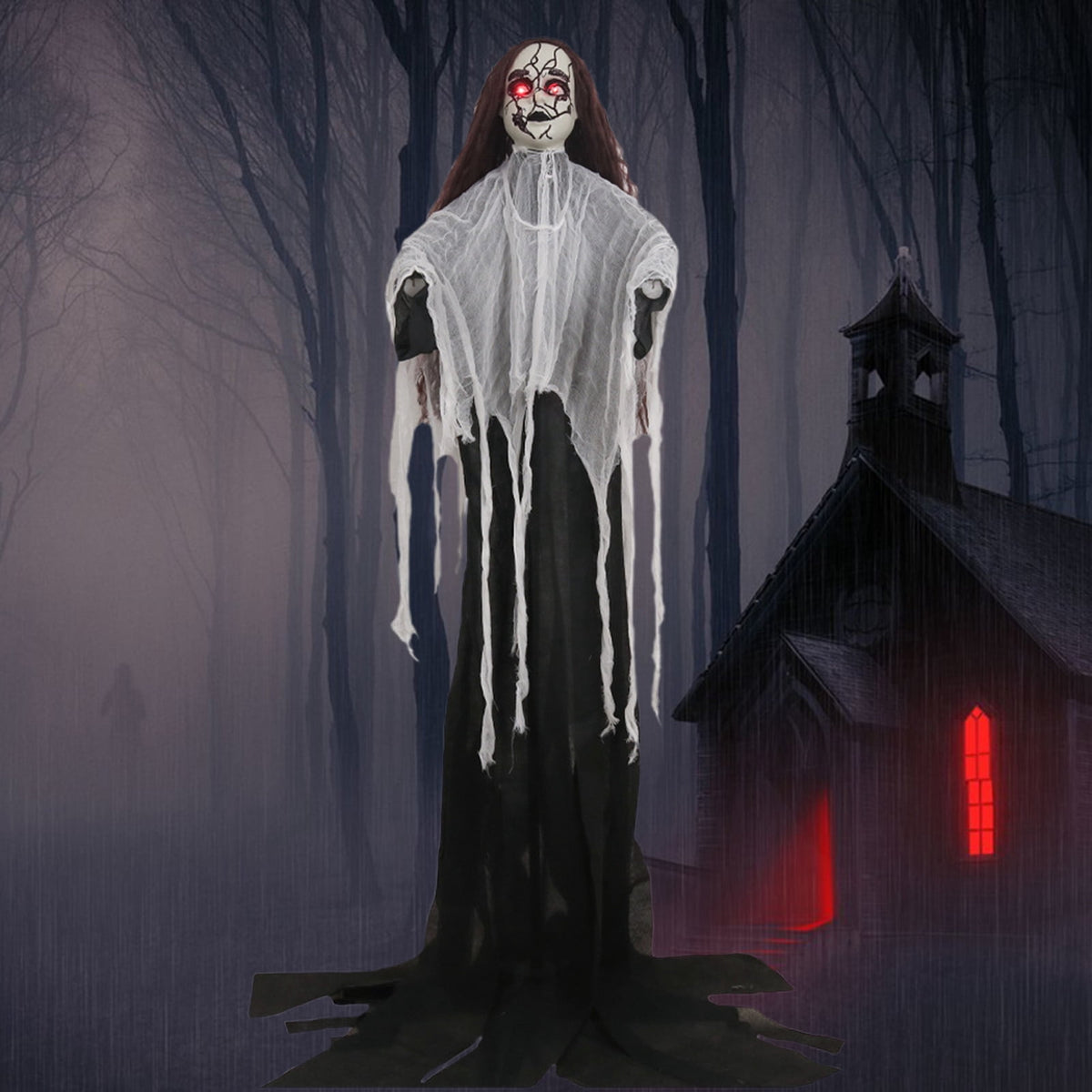 Scary Ghost Bride Halloween Ornament with Sound, Battery Operated Animated Skeleton Decoration for Haunted House Prop