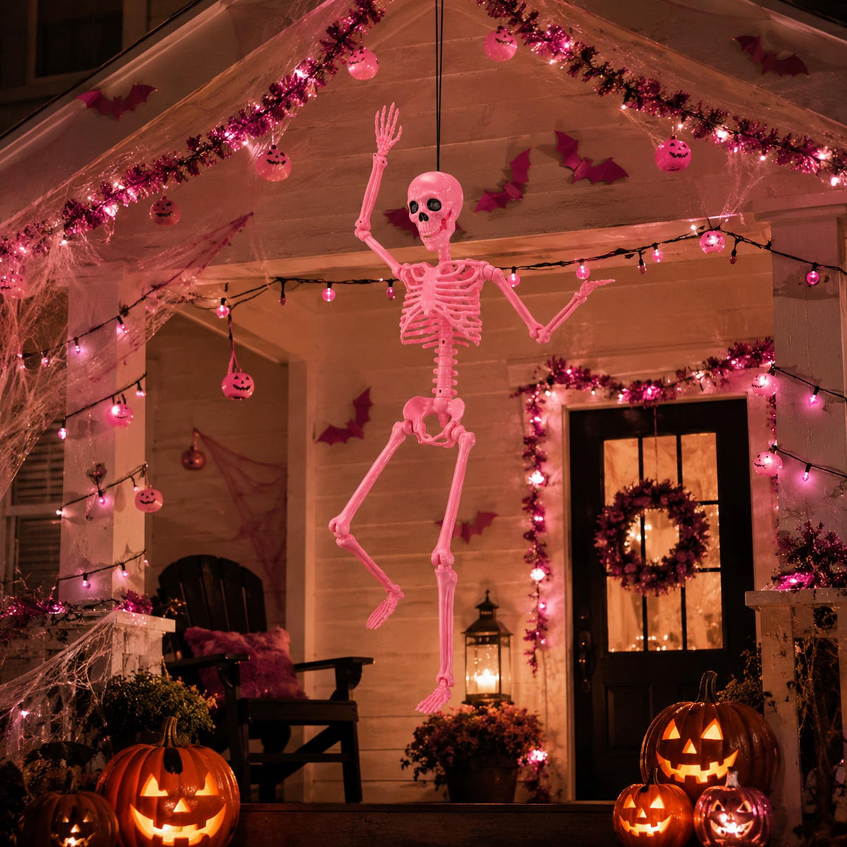 EBaokuup 5.5 ft Halloween Skeleton Decoration, Pink Posable Skeleton Prop with Movable Joints