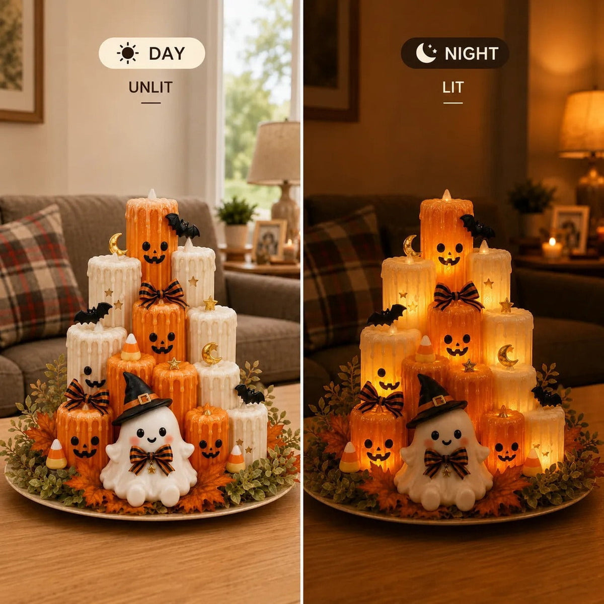 Gaecuw Halloween Ghost Pumpkin LED Candle 3D Printed Tiered Tabletop Decor for Spooky Mantel, Thanksgiving Centerpiece, Flickering Glow, Multicolor
