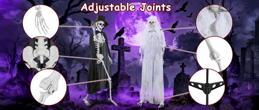 Floseru 65 Inch Halloween Skeleton Couple Set, Bride in Veil and Groom in Robe, Glowing Eyes, Poseable Joints, for Indoor Outdoor Decor