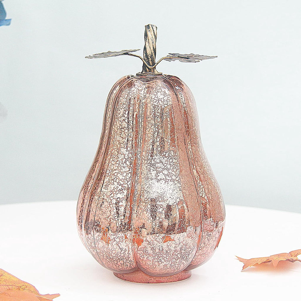 Mercury Glass Pumpkin Lights with Timer, Battery Operated Led Pumpkin Lights for Halloween Fall,Thanksgiving Rustic Decor (Rosegold Leafy, 11")