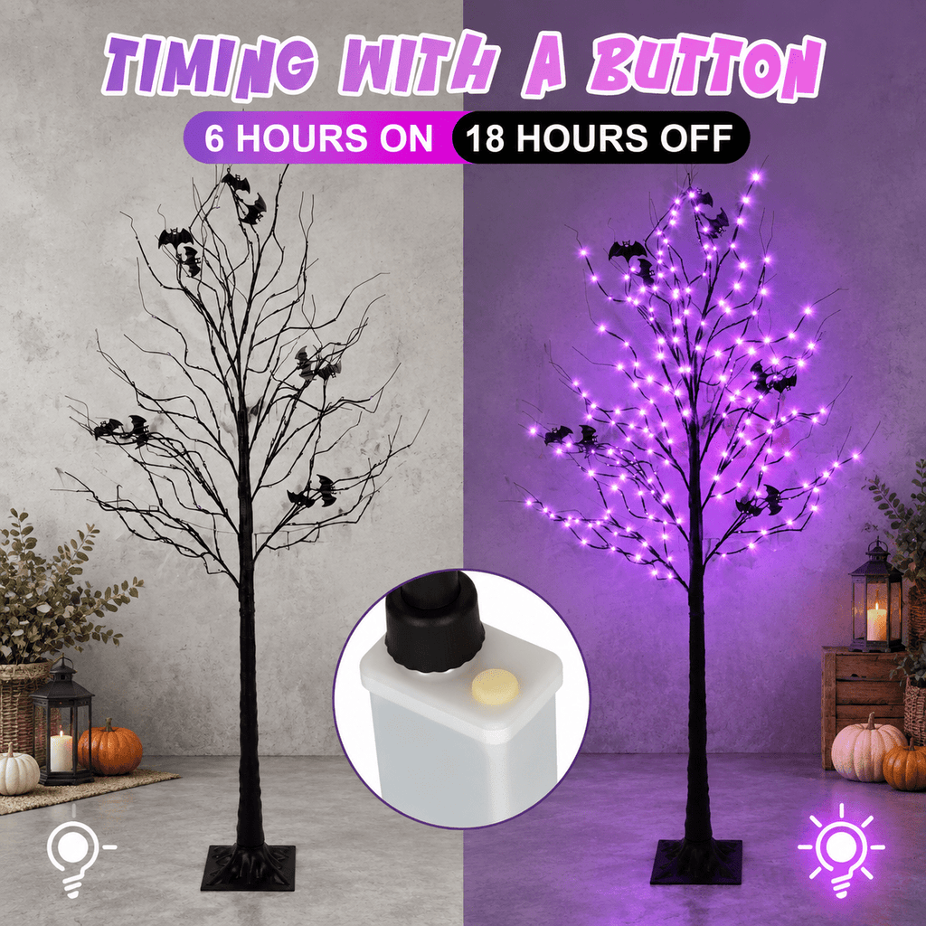 Lighted Tree With 260 Led Lights 6ft Black Timer 8 Modes Dimmable Web & Bats Diy Indoor Outdoor Decorations