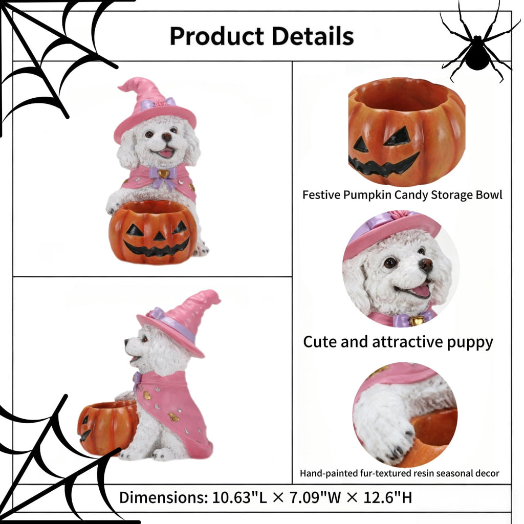 Halloween Witch Puppy Resin Figurine, White Teddy Dog with Pumpkin Candy Bowl for Home Tabletop Decor
