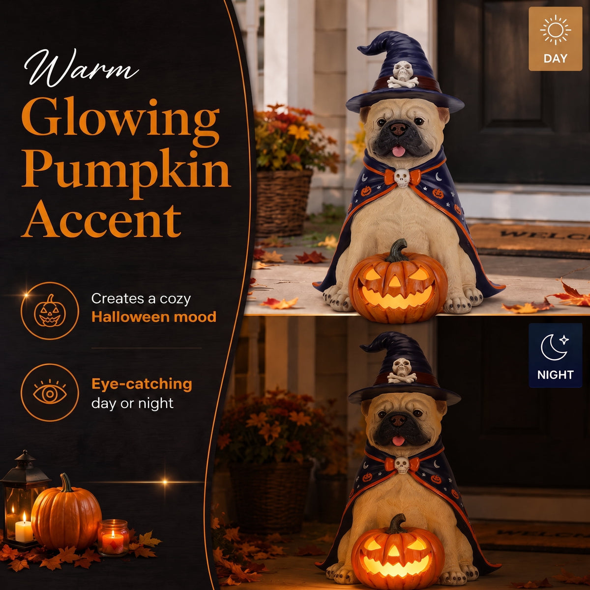 A7Store Halloween Golden Retrieve Dog Indoor Outdoor Porch Statue with Lighted Pumpkin, Pink Witch Hat and Cape