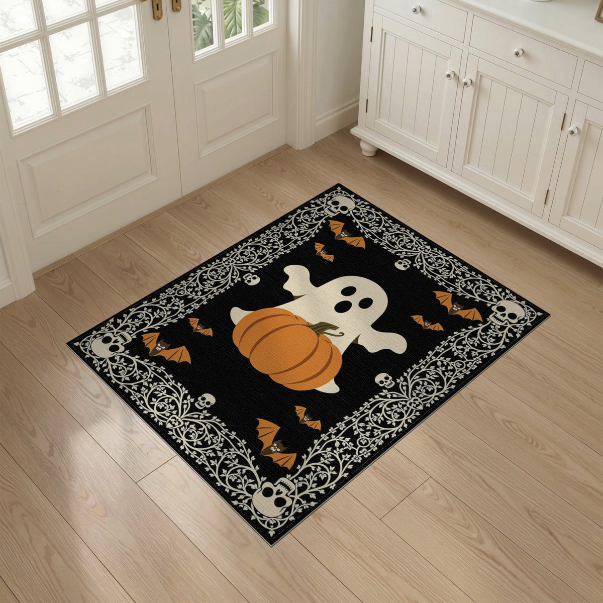 ODIKA 8'x10' Washable Area Rug Halloween Harvest Spirits Grinning Lantern Entrance Doormat Door for Living Room, Under Sectional, Family , Durable, Non-Slip