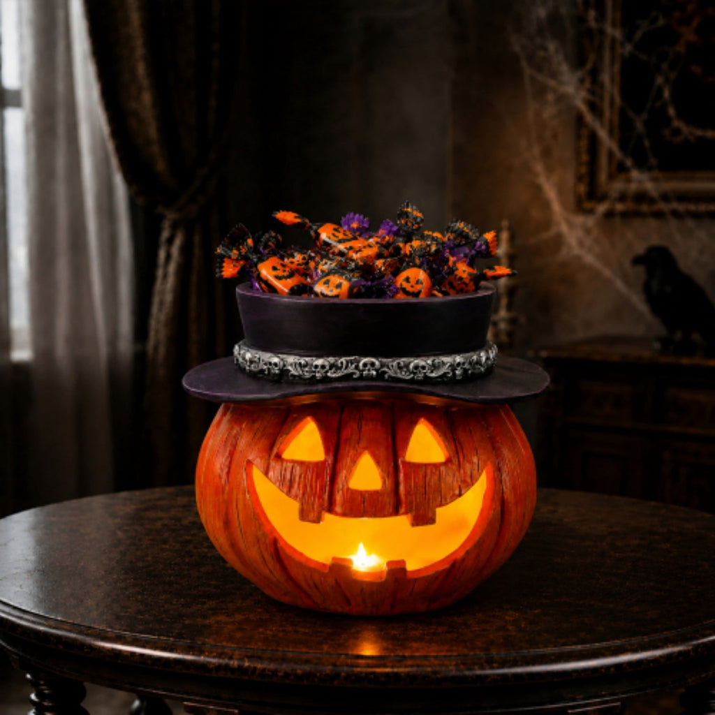 SpookHaven Halloween Jack‑O‑Lantern Pumpkin Mist Sprayer Figurine, LED Light‑Up Fogger with Witch Hat & Skull Decoration, Spooky Ornament for Tabletop Entryway Halloween Party Home Decor