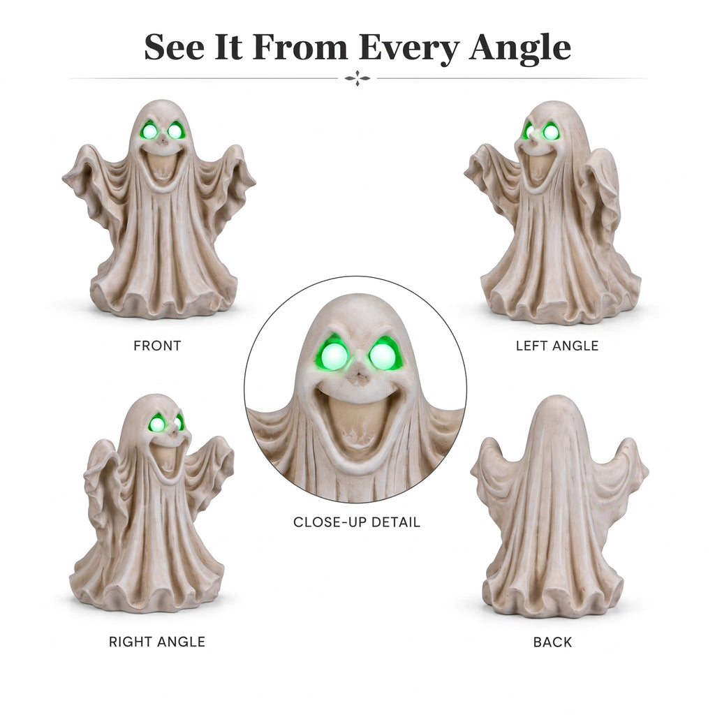 Large 13-Inch Lighted Halloween Ghost Decoration, Resin Figurine with Green LED Eyes, Battery Operated Tabletop Statue for Mantel and Party