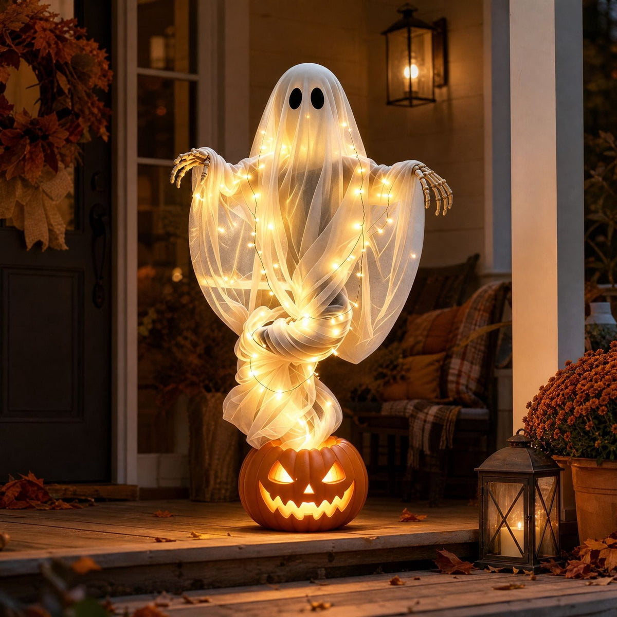 syligr Halloween Decorations Outdoor for Yard Porch, 51 Inch Light Up Floating Ghost Pumpkin with Skeleton Hands, Glowing Gauzy Ghost Decor for Garden Entryway Party, Battery Operated