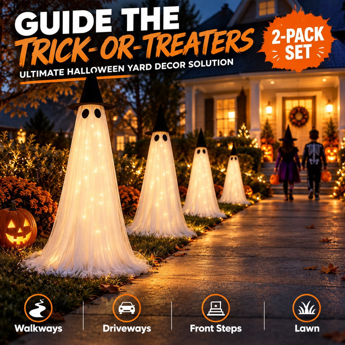 Light Up Halloween Ghost Decor 8 Modes Dual Power 5ft 2 Pack