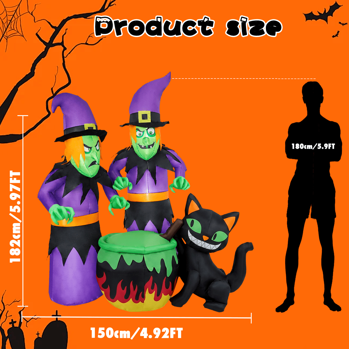 KINQUINN 6FT Halloween Inflatable 2 Witch with Cauldron and Cat Decoration Outdoor, Blow Up Witch with Build-in LEDs, Blow Up Yard Decoration Outdoor for Outside, Indoor, Lawn, Yard, Garden