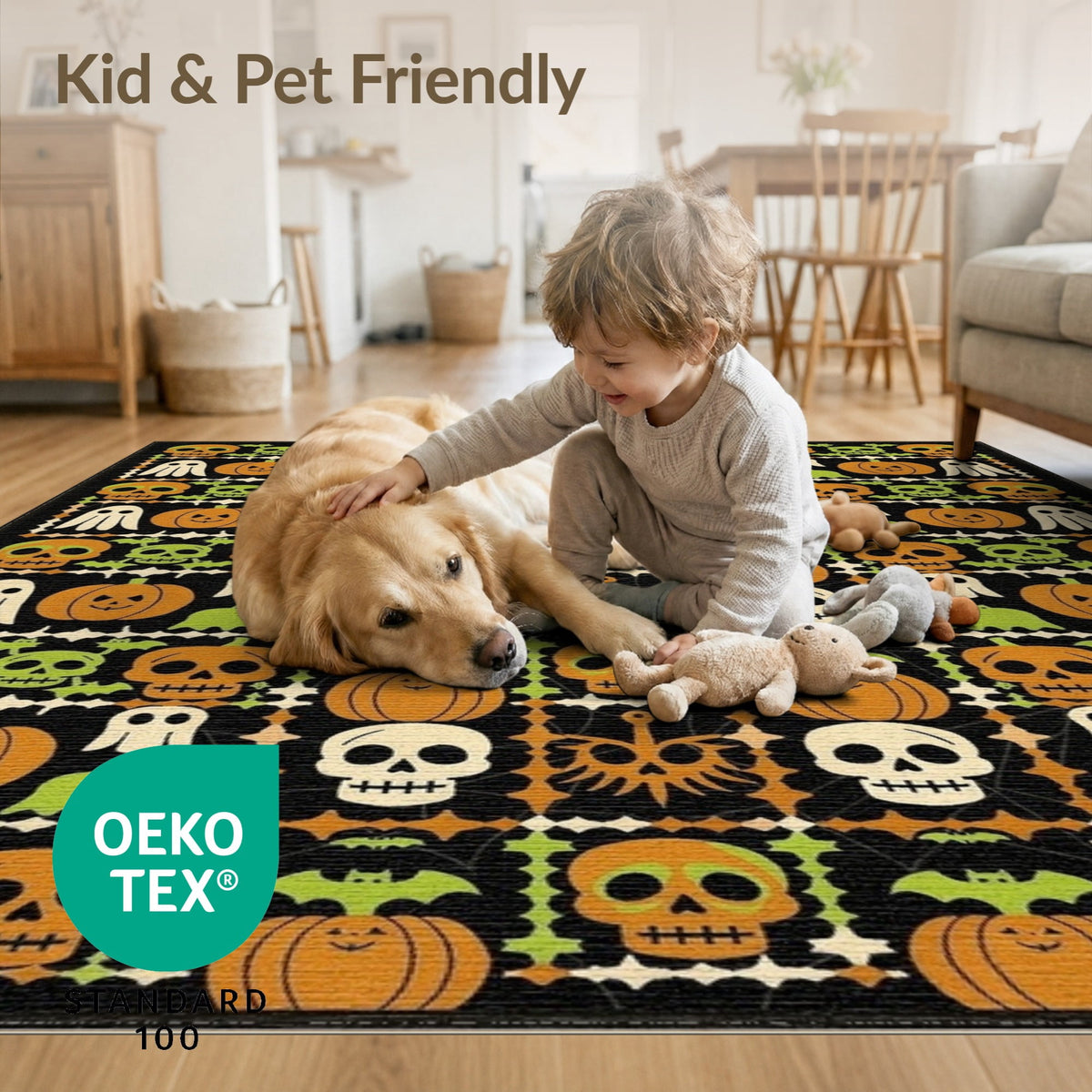 ODIKA Retro Halloween Welcome Featuring Ghosts Pumpkins Bats Skulls Non-Slip Flatwoven for Living Room, Under Sectional, Family