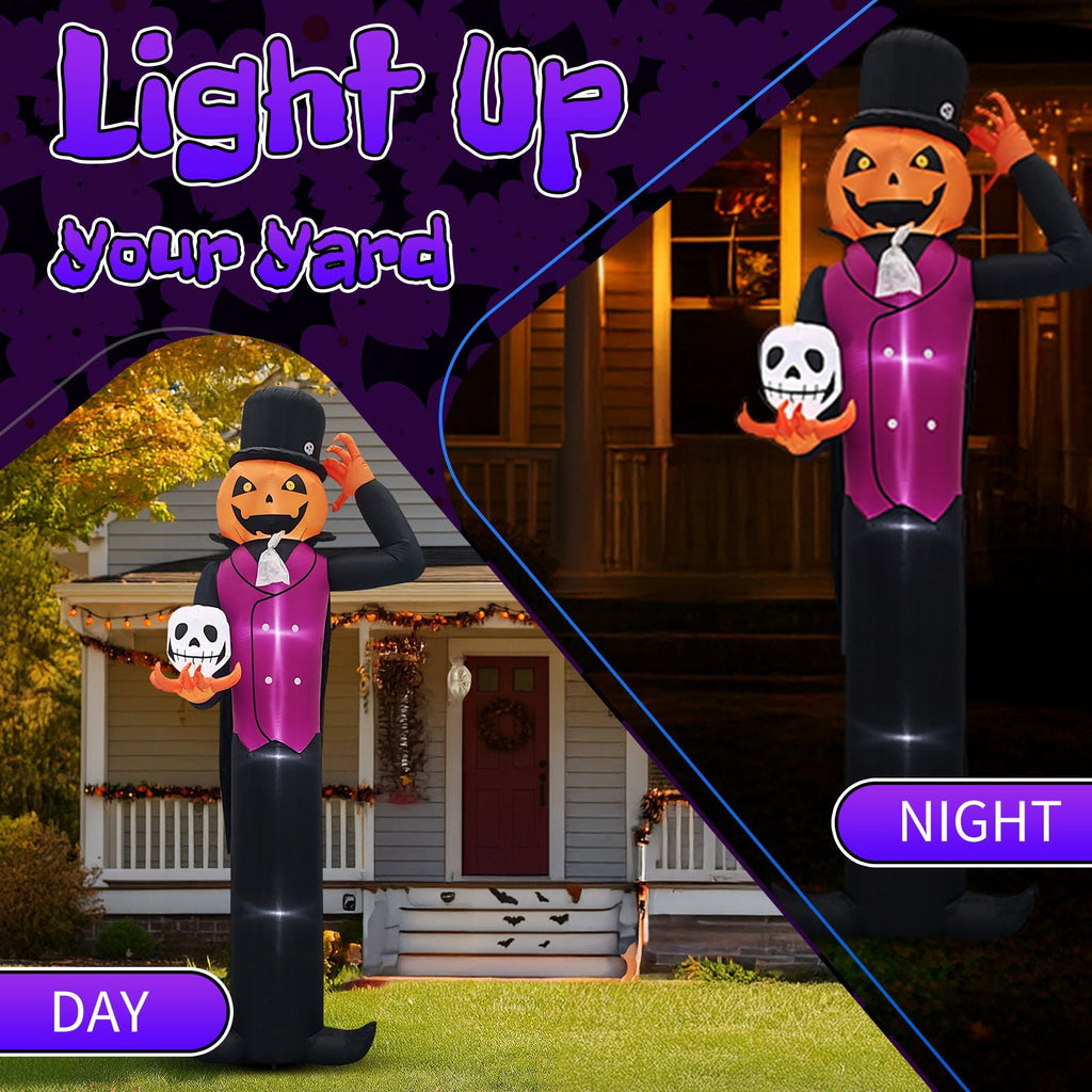 12FT Halloween Inflatable Pumpkin Man Holding Skull Outdoor Decor with Built-in LED Lights Waterproof Polyester Blow Up Yard Ornament