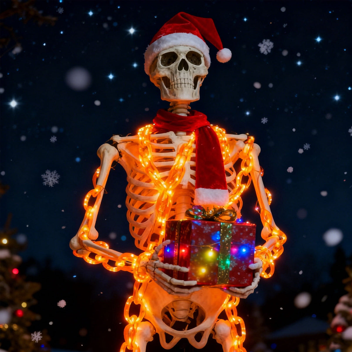 Lighted Up Giant Skeleton Christmas Outfit,12ft Skeleton Xmas Accessories Costume Including Giant Santa Hat,Scarf,10ft Chain Lights,Inflatable Candy Cane for Garden Lawn Indoor Outdoor Decor